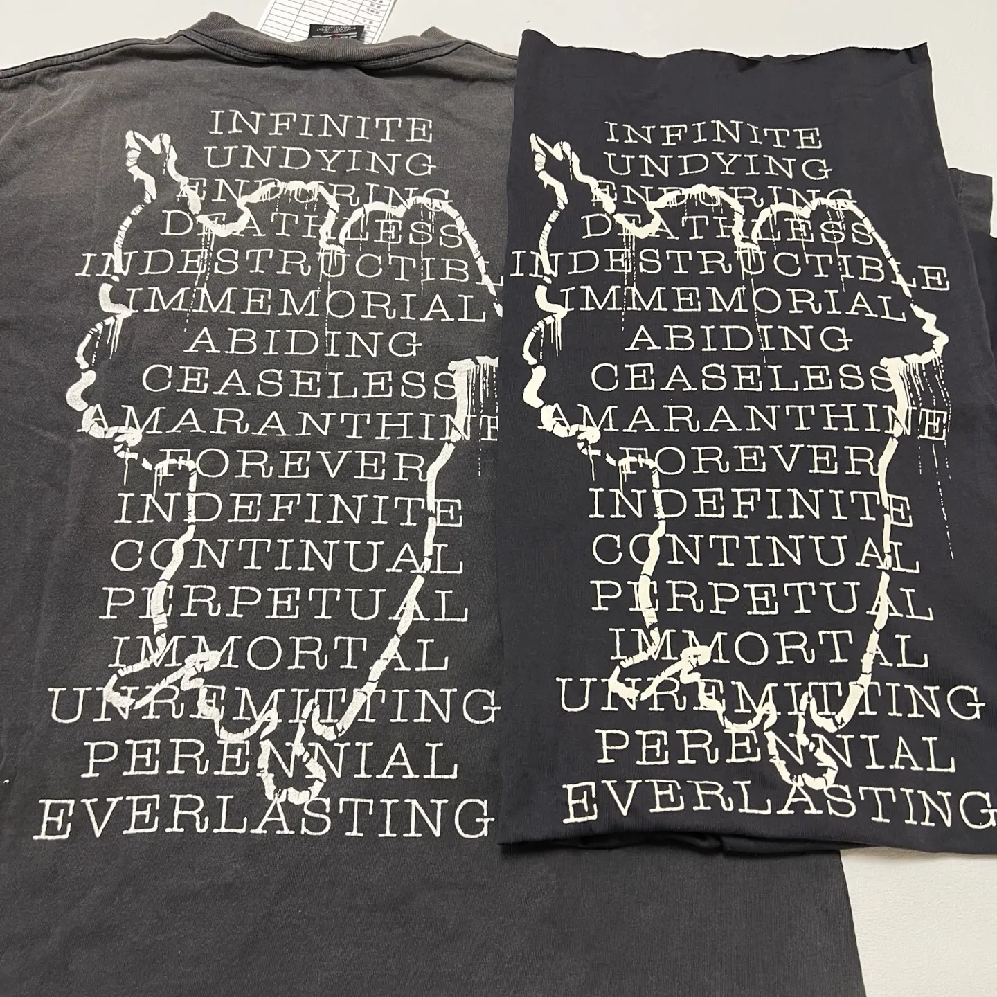 Printing and pattern comparison SAINT Mxxxxxx SS TEE/HOPE SPRING/BLK Jesus slogan retro distressed TEE Washed black S-XL Same as the original version Cylindrical side seam OE yarn fabric Garment dyeing Faded by heavy washing Bust plaster faded Correct version Matching with the original version Accessories Original level printing restoration